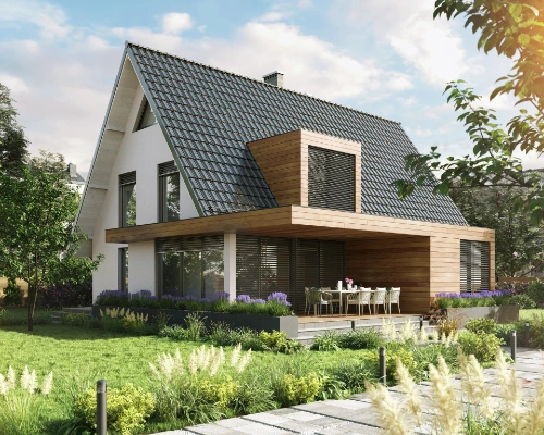 Neubau Haus in weiß mit Holzakzenten