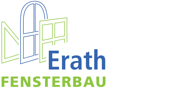Fenster in verschiedenen Formen als Linie in grün und blau, davor steht Erath Fensterbau