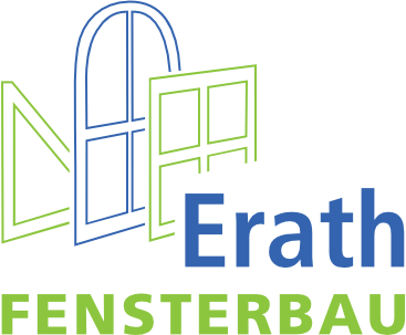 Fenster in verschiedenen Formen als Linie in grün und blau, davor steht Erath Fensterbau