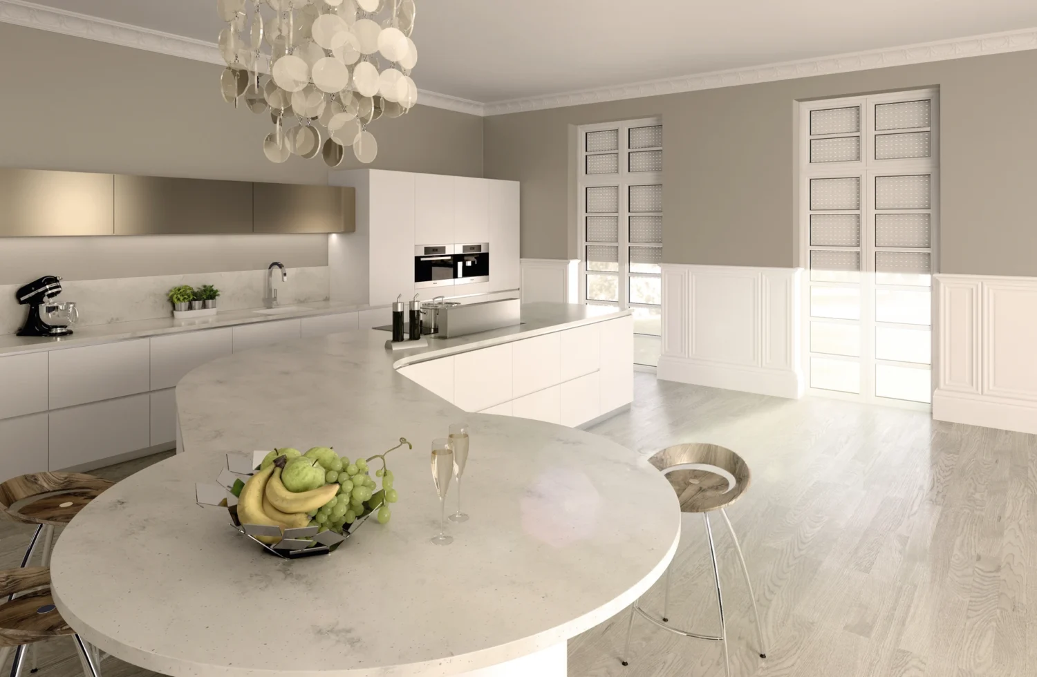 Moderne und elegante Küche mit weißer Insel und schwebendem Kronleuchter