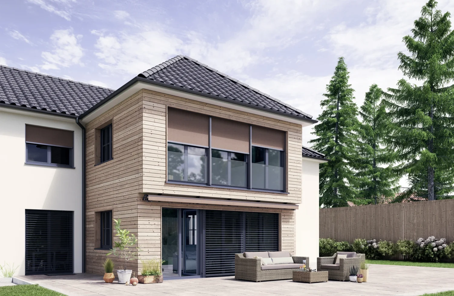 Modernes Einfamilienhaus mit Holzverkleidung und Terrasse