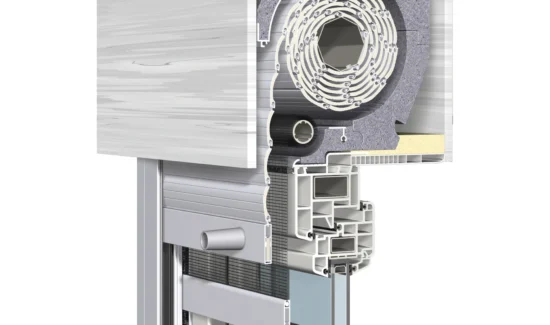 Querschnitt eines Rollladenkastens mit integriertem Fenster und Isolierung