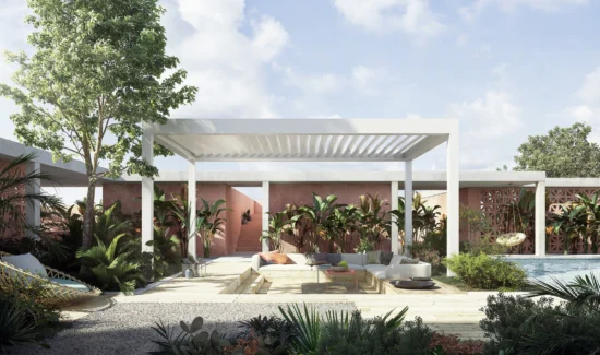 Moderne Gartenlandschaft mit Lounge-Bereich und Pergola